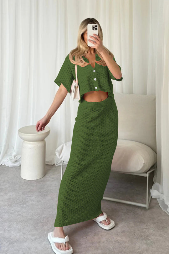 Damen Strick-Set mit offenem Cardigan und maxi Rock R&B