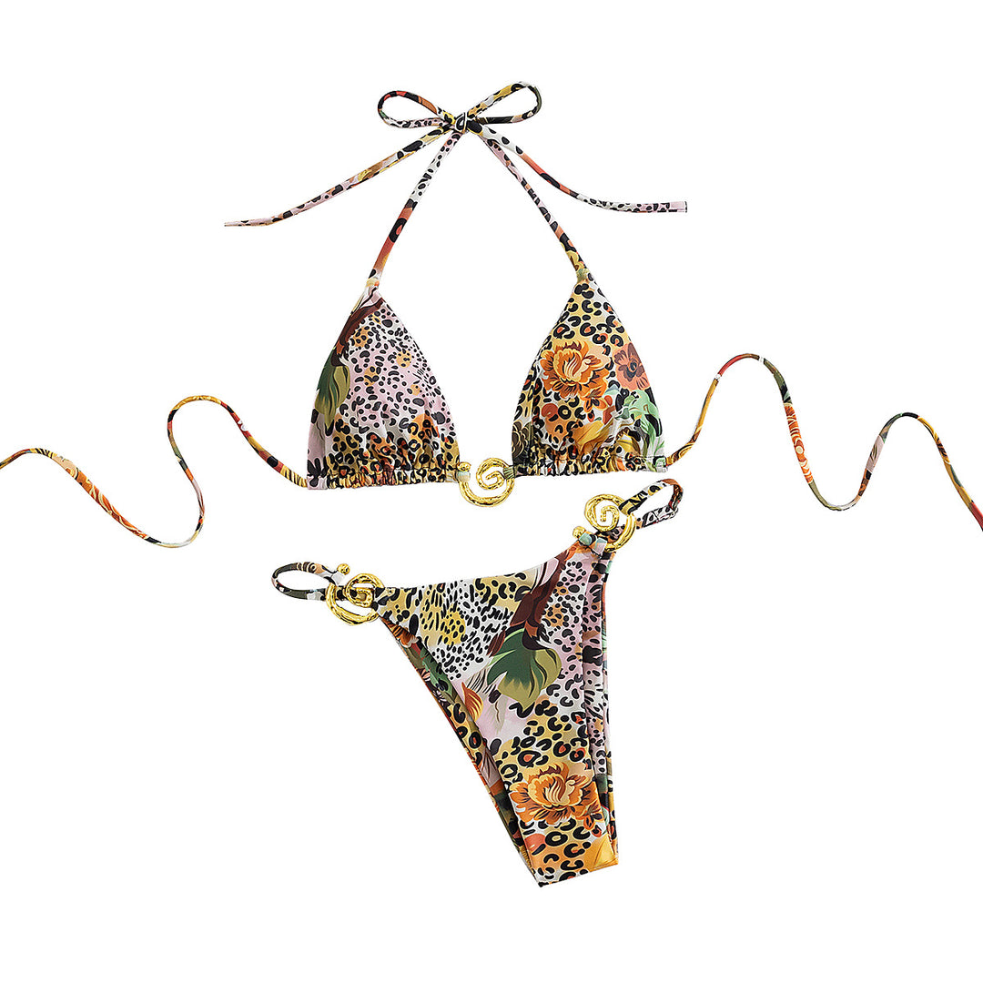 Damen Triangel-Bikini mit eleganten Gold-Details und farbenfrohem Blumendruck R&B