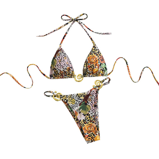Damen Triangel-Bikini mit eleganten Gold-Details und farbenfrohem Blumendruck R&B