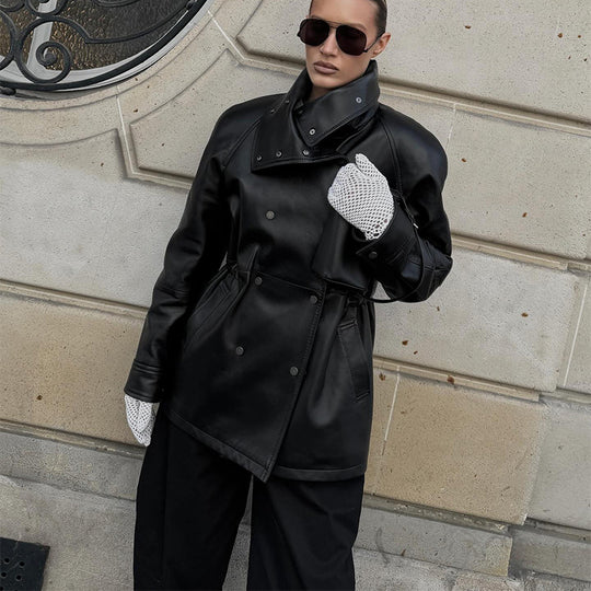 Damen Modische Kunstlederjacke mit hohen Kragen und praktischen Taschen R&B