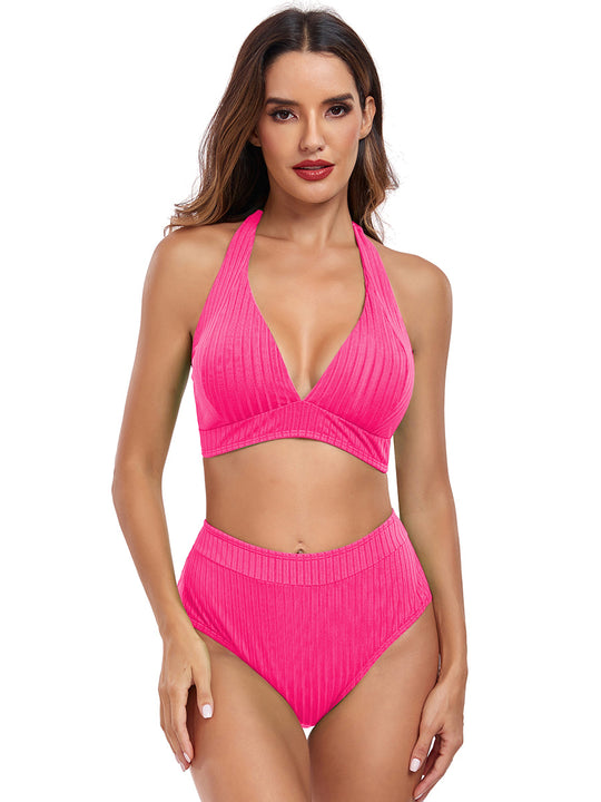 Damen Hochtaillierter Bikini mit V-Ausschnitt und Rippstruktur R&B