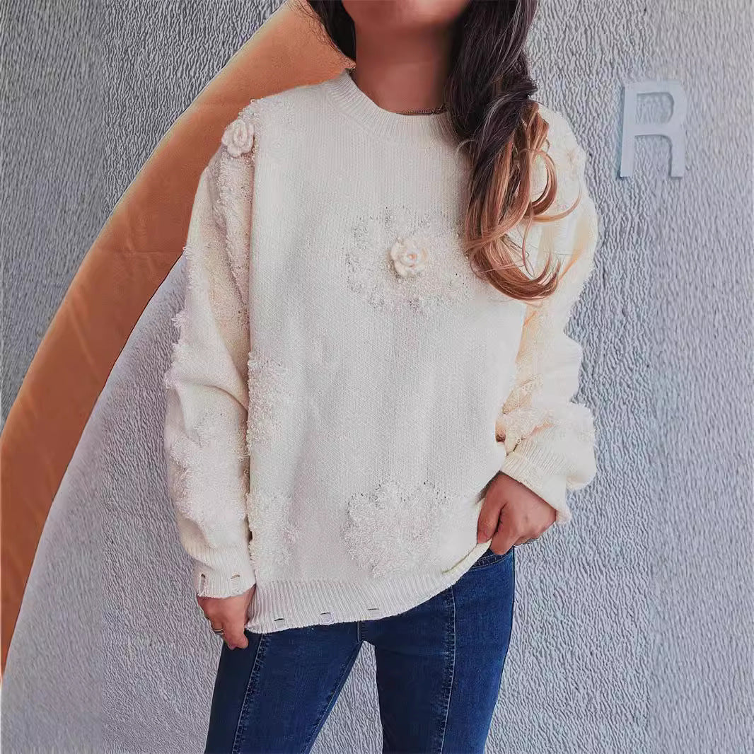 Damen Strickpullover mit romantischen Blumenapplikationen und weichem Material R&B