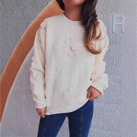 Damen Strickpullover mit romantischen Blumenapplikationen und weichem Material R&B
