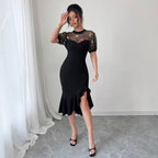 Damen Elegantes Kleid mit transparentem Spitzenoberteil und floralem Design R&B