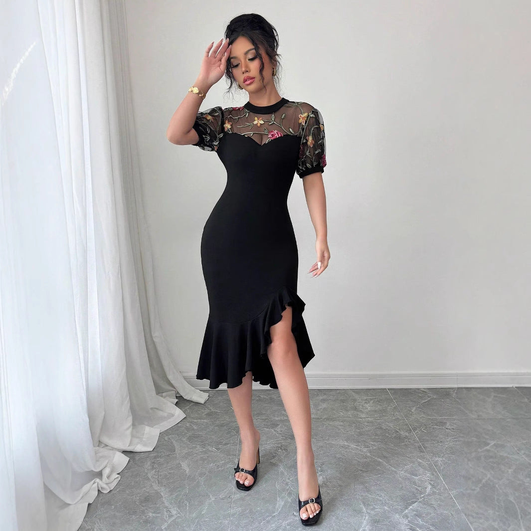 Damen Elegantes Kleid mit transparentem Spitzenoberteil und floralem Design R&B
