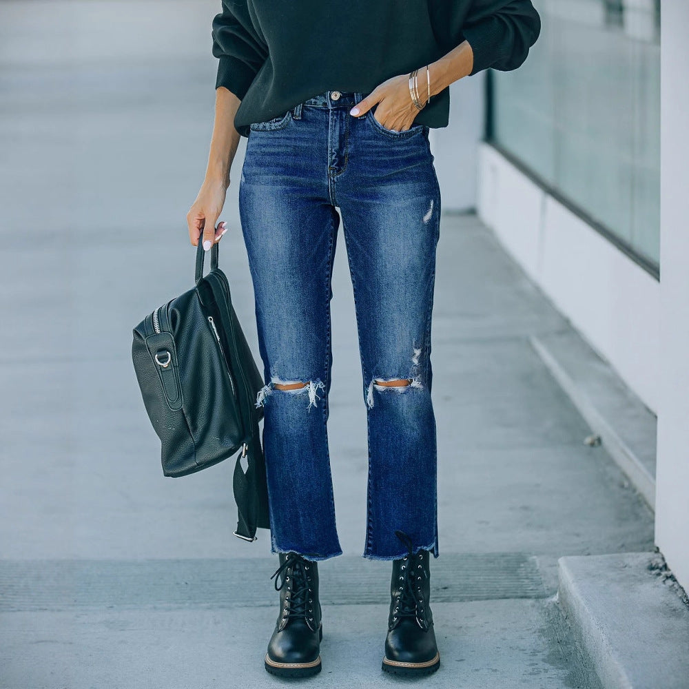 Damen Cropped Jeans mit modischen Rissen und lässigem Saum R&B
