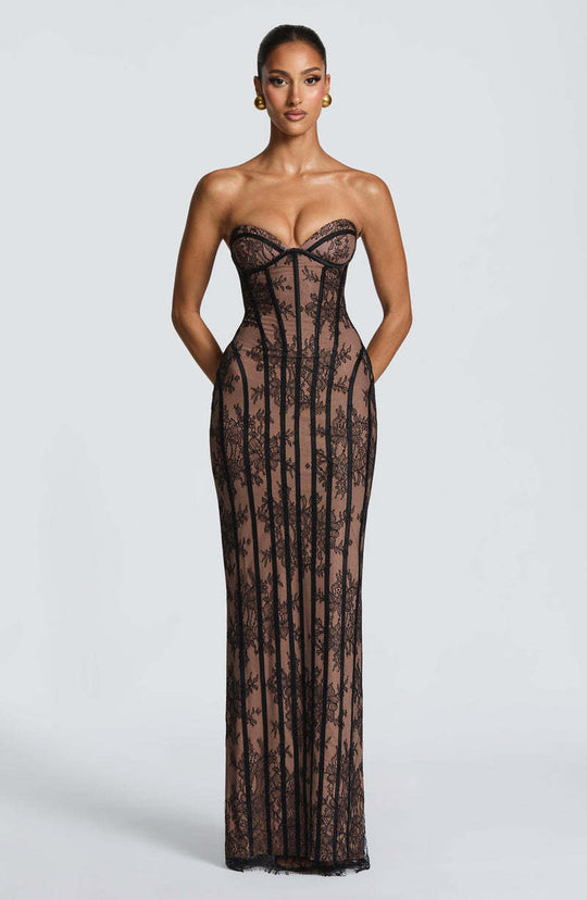 Damen figurbetontes Spitzenkleid mit schulterfreiem Design und elegantem Taillenschnitt R&B