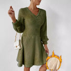 Damen fließendes V-Ausschnitt Kleid mit langen Ärmeln und weichem Fleece