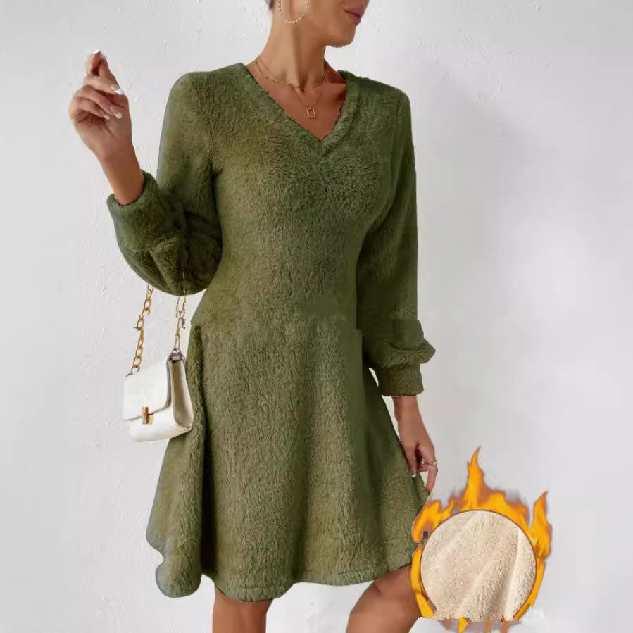 Damen fließendes V-Ausschnitt Kleid mit langen Ärmeln und weichem Fleece