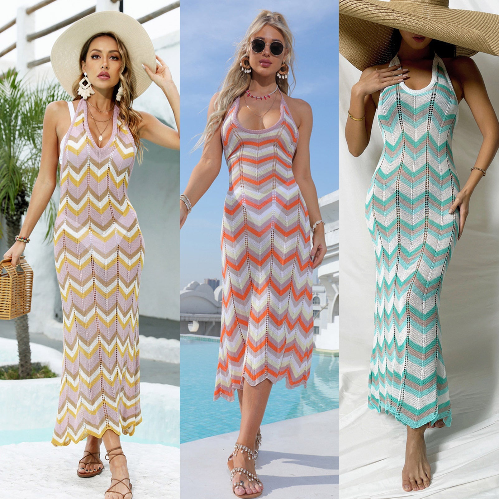 Damen Häkel-Maxikleid mit Chevron-Muster R&B