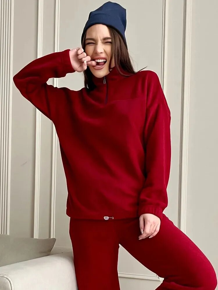 Damen Kuscheliges Fleece-Loungewear-Set mit Halb-Reißverschluss und elastischem Bund R&B