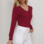 Damen Langarmshirt mit V-Ausschnitt und figurbetontem Schnitt R&B