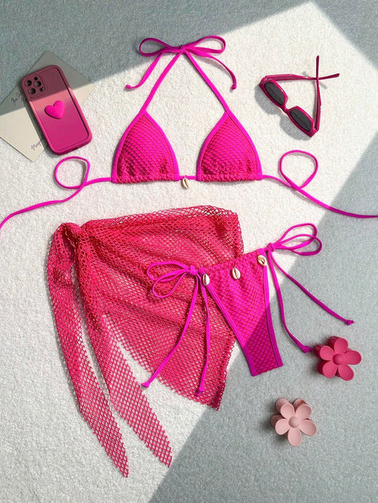 Damen Triangel-Bikini mit transparentem Netzgewebe und Schnürdetails R&B