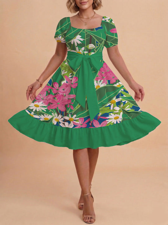 Damen modernes Blumenkleid mit elegantem Taillengürtel und asymmetrischem Saum R&B
