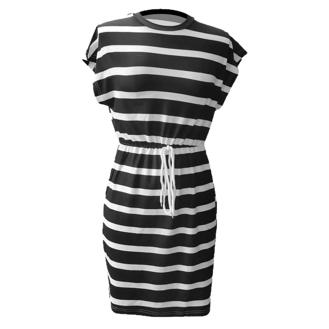 Damen Freizeitleinenkleid mit bunten Streifen und verstellbarem Taillenzug R&B