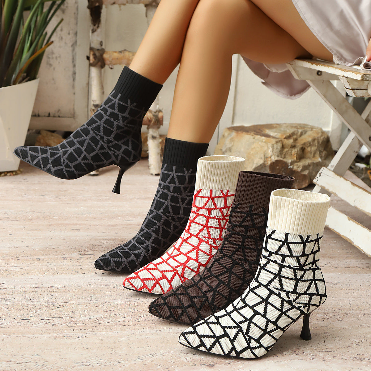 Damen Stiefelimitierte Sockenschuhe mit elegantem Absatz R&B