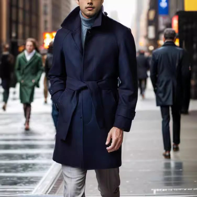 Herren modischer Wolltrenchcoat mit Bindegürtel und großen Taschen R&B