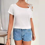 Damen nan schulterfreies Jerseyshirt mit floraler Spitzenapplikation und lockerer Passform R&B