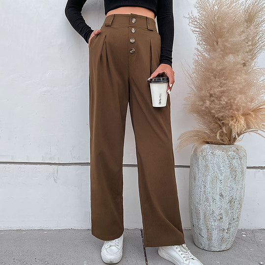 Damen weite Stoffhose mit dekorativen Knopfdetails und Faltenwurf R&B