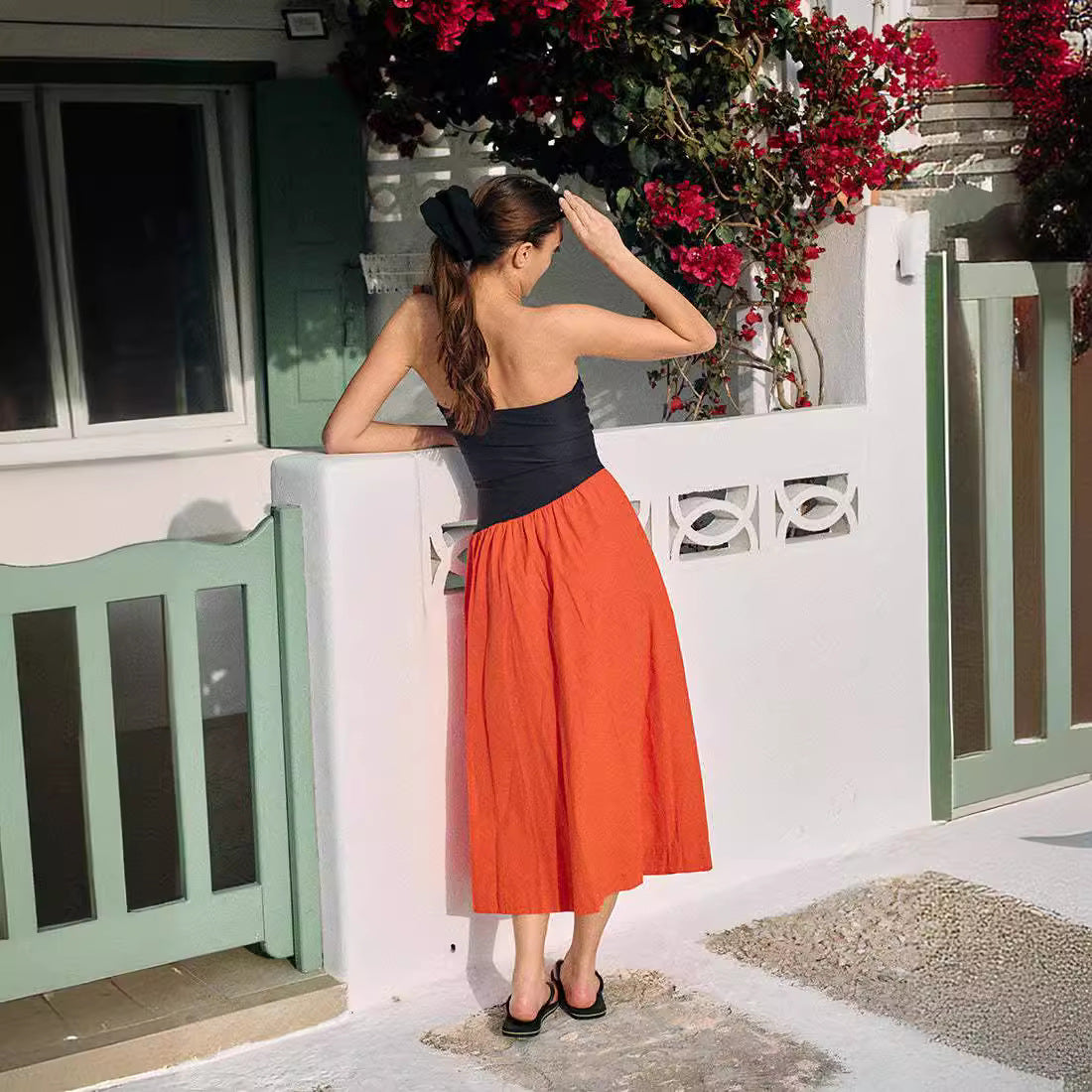 Damen ärmelloses Maxi-Kleid mit hochwertigem Oberteil und voluminösem Rock R&B