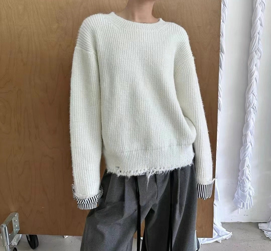 Damen Grob gestrickter Pullover mit einzigartigen Kontrastarmabschlüssen und lässigem Schnitt R&B