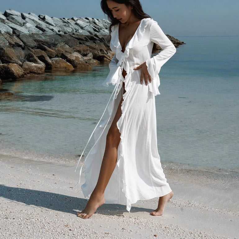 Damen Strandkleid mit raffinierten Rüschen und tiefem V-Ausschnitt R&B