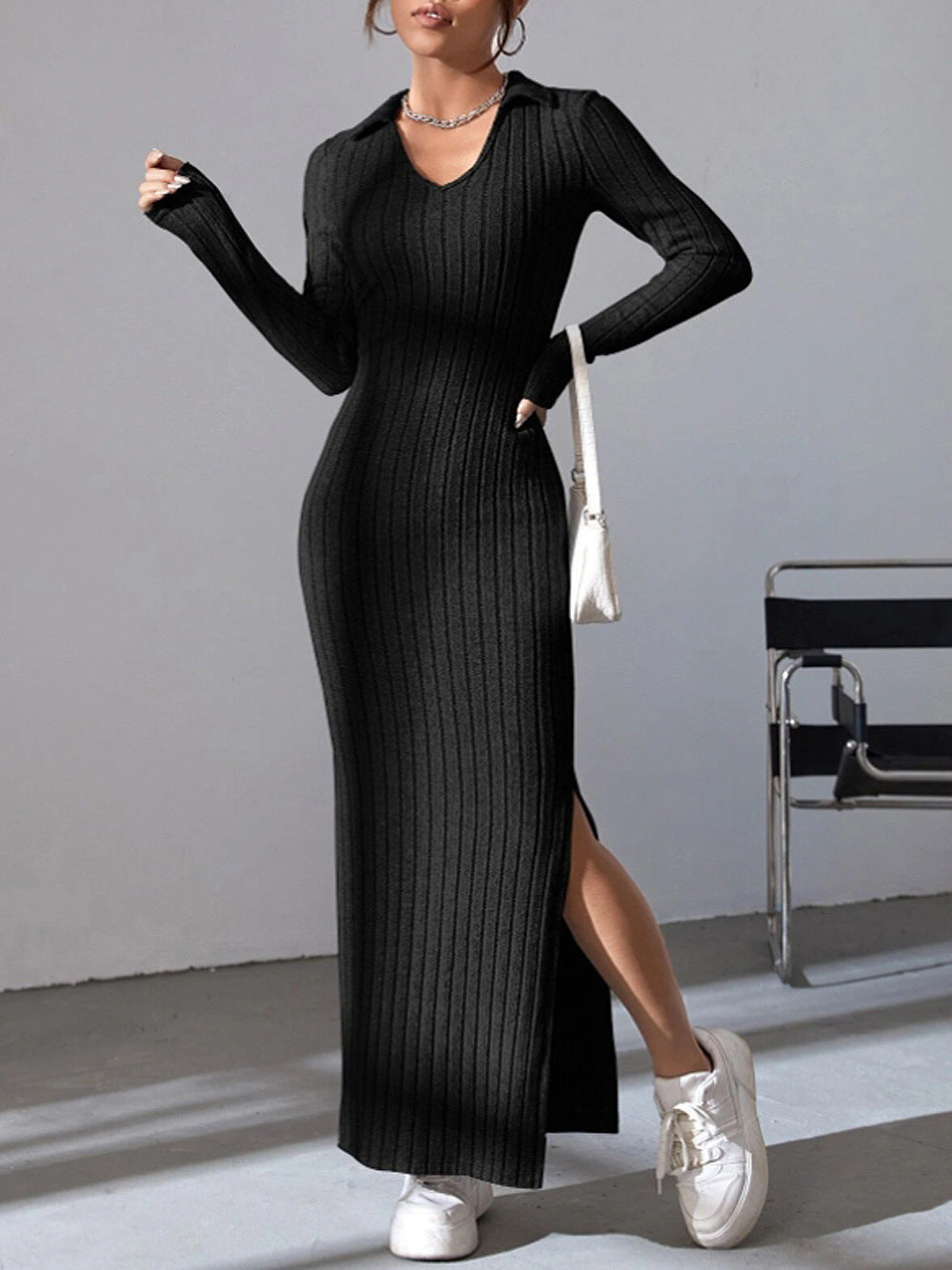 Damen Langarm Maxikleid mit V-Ausschnitt und seitlichem Schlitz R&B