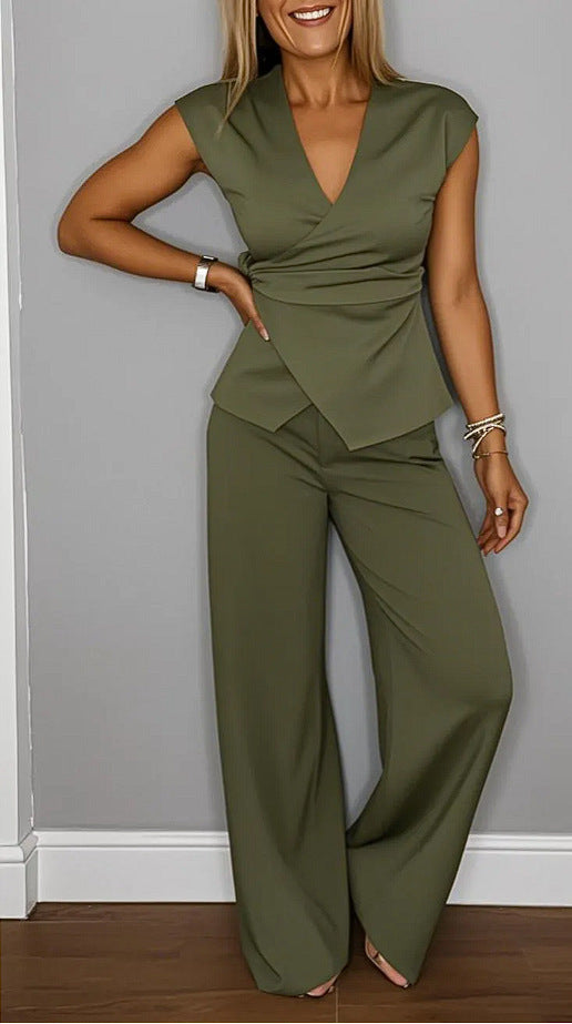 Damen elegantes Wickeloberteil mit weit geschnittenen Hosen R&B