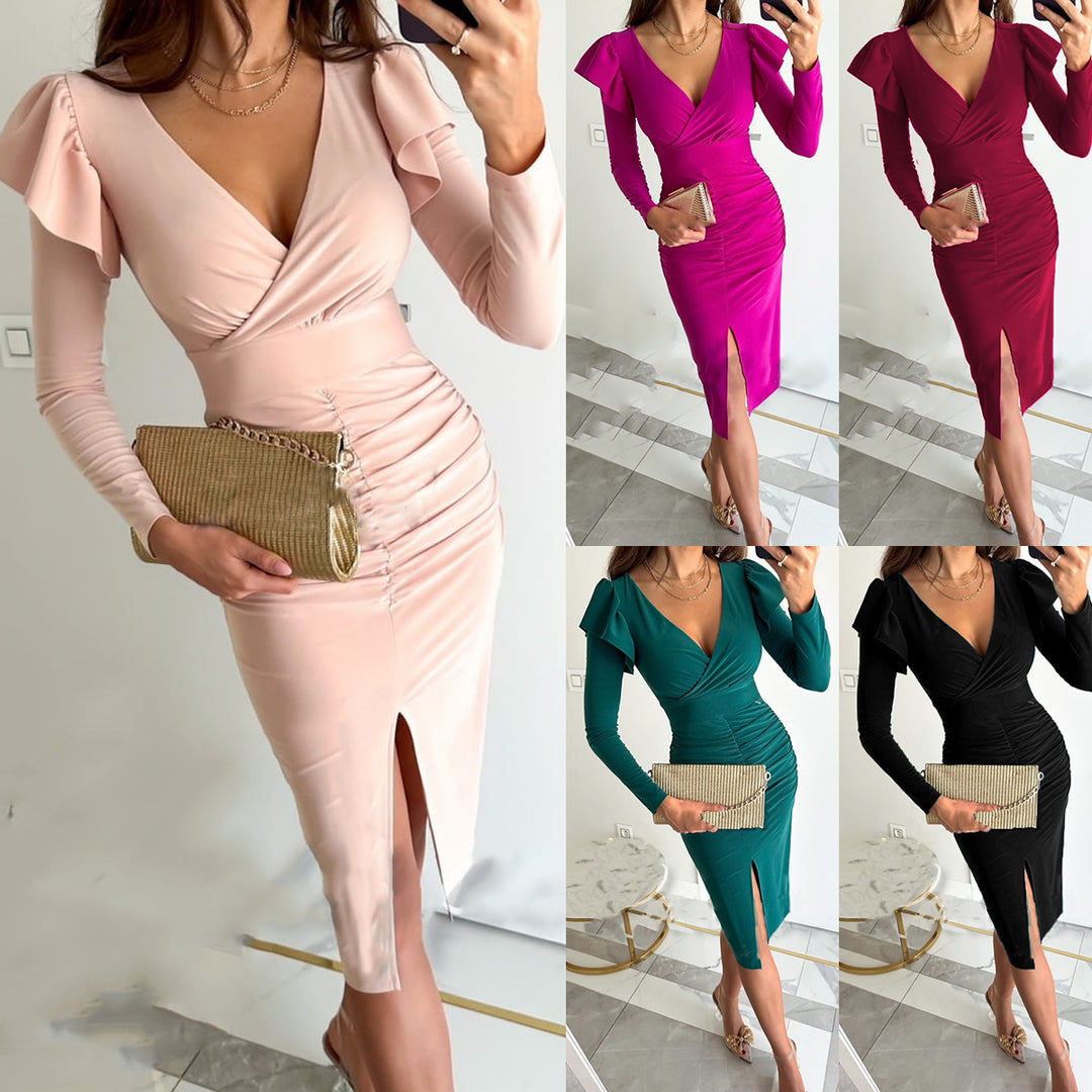 Damen Wickelkleid mit Raffungen und voluminösen Ärmeln R&B