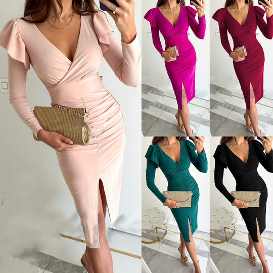 Damen Wickelkleid mit Raffungen und voluminösen Ärmeln R&B