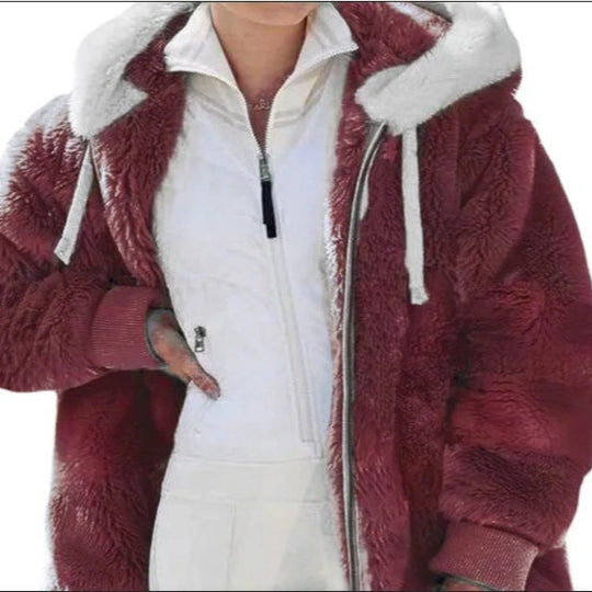 Damen Kuschelige Kunstpelzjacke mit Kapuze R&B