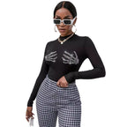 Damen nan figurbetontes transparentes Netz-Langarmshirt mit hohem Kragen und Strass-Skelettmotiv R&B
