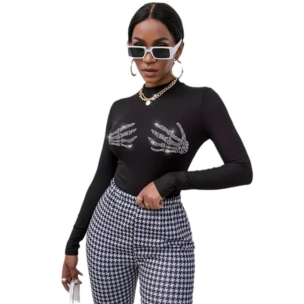 Damen nan figurbetontes transparentes Netz-Langarmshirt mit hohem Kragen und Strass-Skelettmotiv R&B