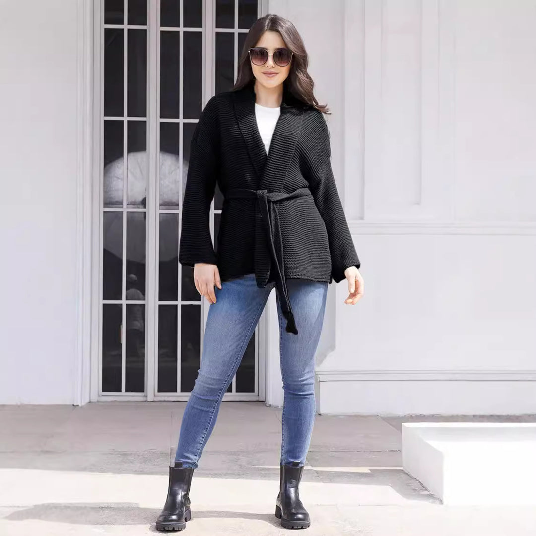 Damen Strickjacke mit Bindegürtel und lässigem Schnitt R&B