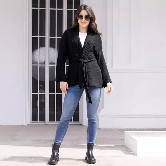 Damen Strickjacke mit Bindegürtel und lässigem Schnitt R&B