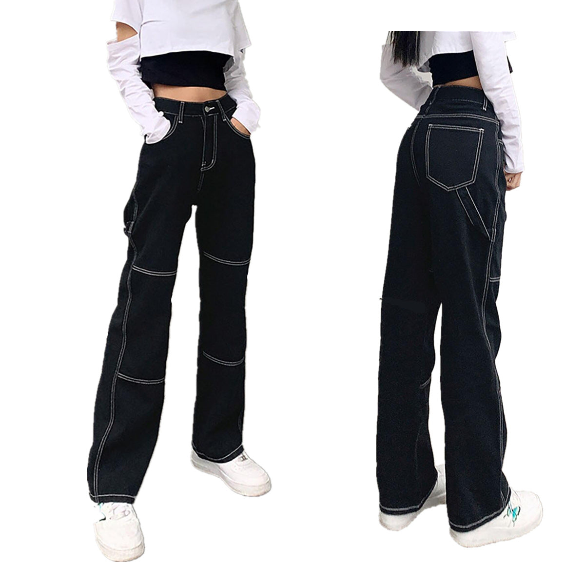 Damen weite Jeans mit modischen Kontrastnähten R&B