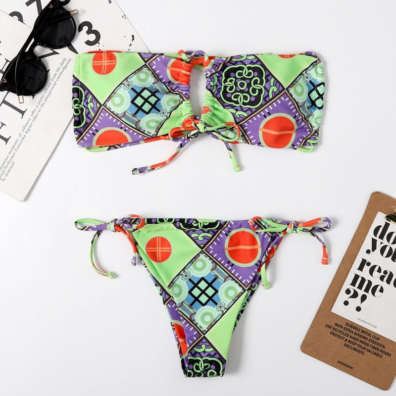 Damen Bandeau-Bikini mit aufregendem Mustermix und verstellbaren Trägern R&B