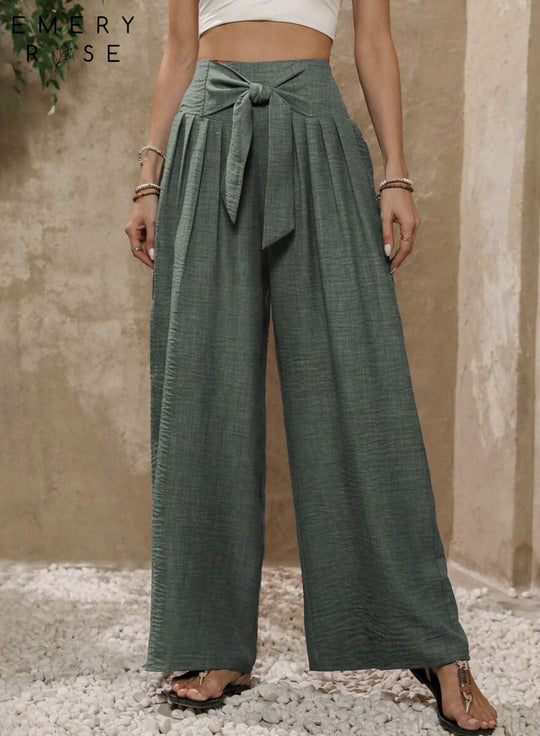 Damen Weite Hochtaillierte Hose mit Schleifenbund und Falten R&B