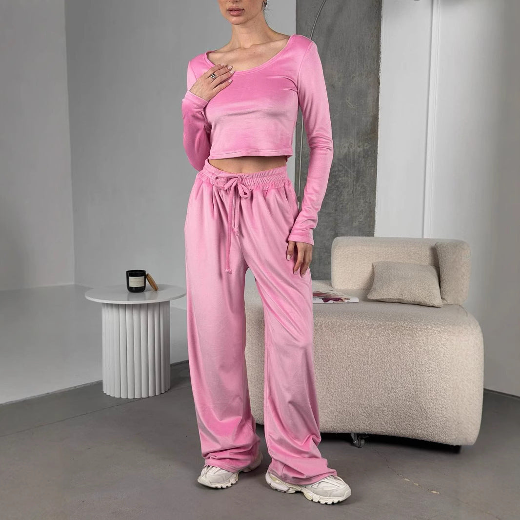 Damen modisches Crop-Top und bequeme Freizeithose Set R&B