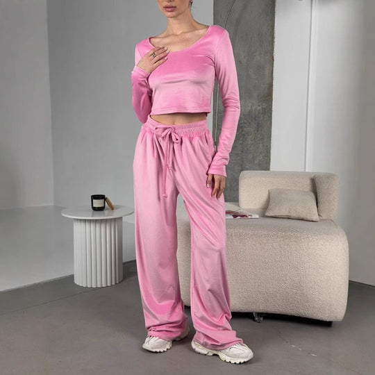 Damen modisches Crop-Top und bequeme Freizeithose Set R&B