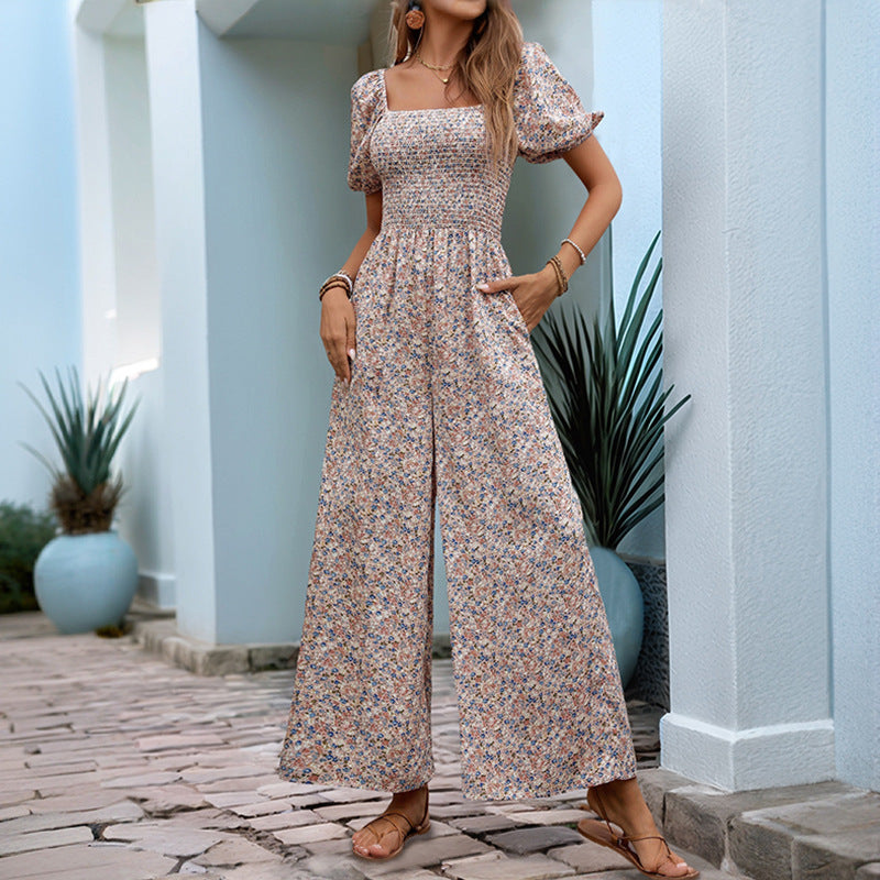 Damen Blumenmuster Jumpsuit mit Puffärmeln und Seitentaschen R&B