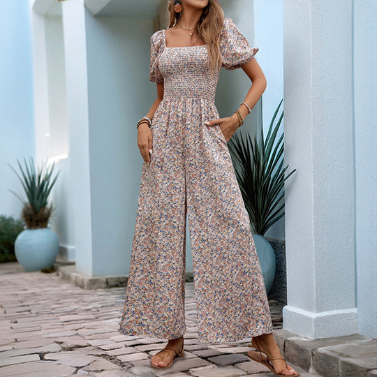 Damen Blumenmuster Jumpsuit mit Puffärmeln und Seitentaschen R&B