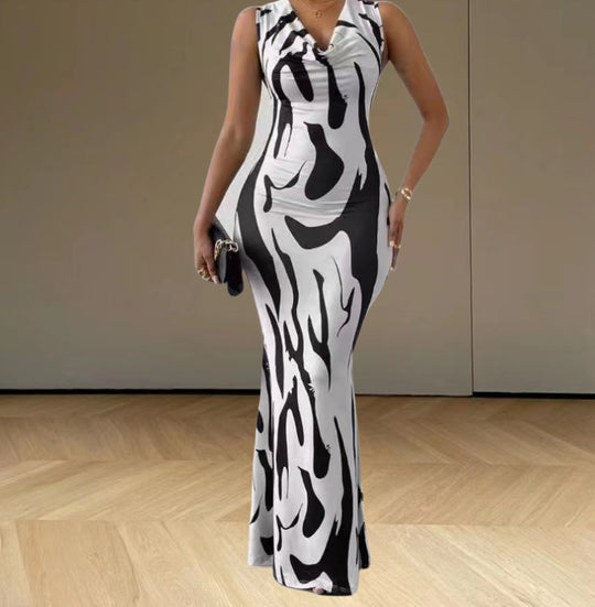Damen elegantes Maxikleid mit figurbetontem Schnitt und trendigem Muster R&B
