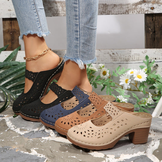 Damen Modische Clogs mit floralem Cut-Out-Design und komfortablem Blockabsatz R&B