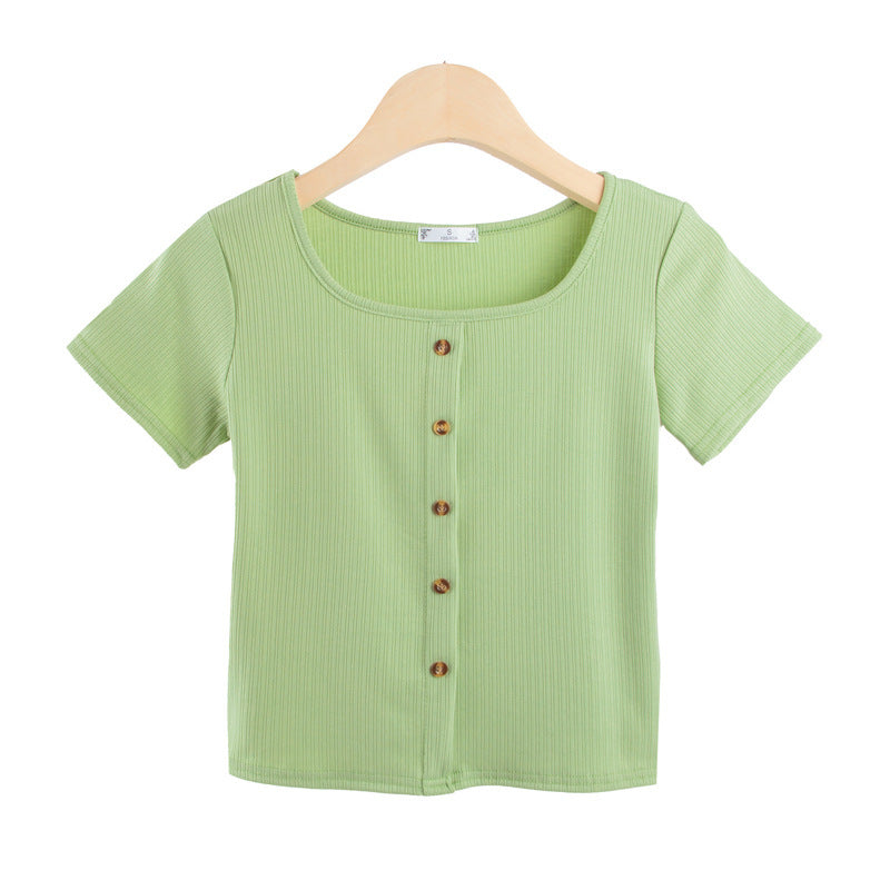 Damen Kurzarmshirt mit dekorativer Knopfleiste und modernem Rippenstrick