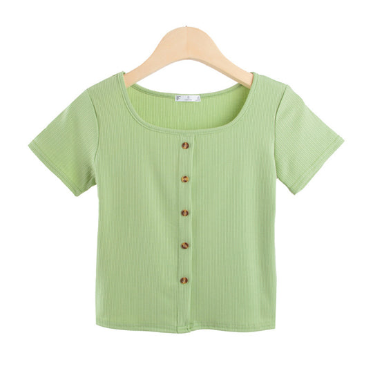 Damen Kurzarmshirt mit dekorativer Knopfleiste und modernem Rippenstrick R&B