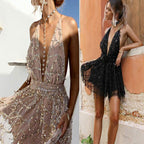 Damen Glitzerndes Cocktailkleid mit Tiefem V-Ausschnitt und Schwingendem Rock R&B