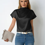 Damen elegante Satin Bluse mit Stehkragen R&B