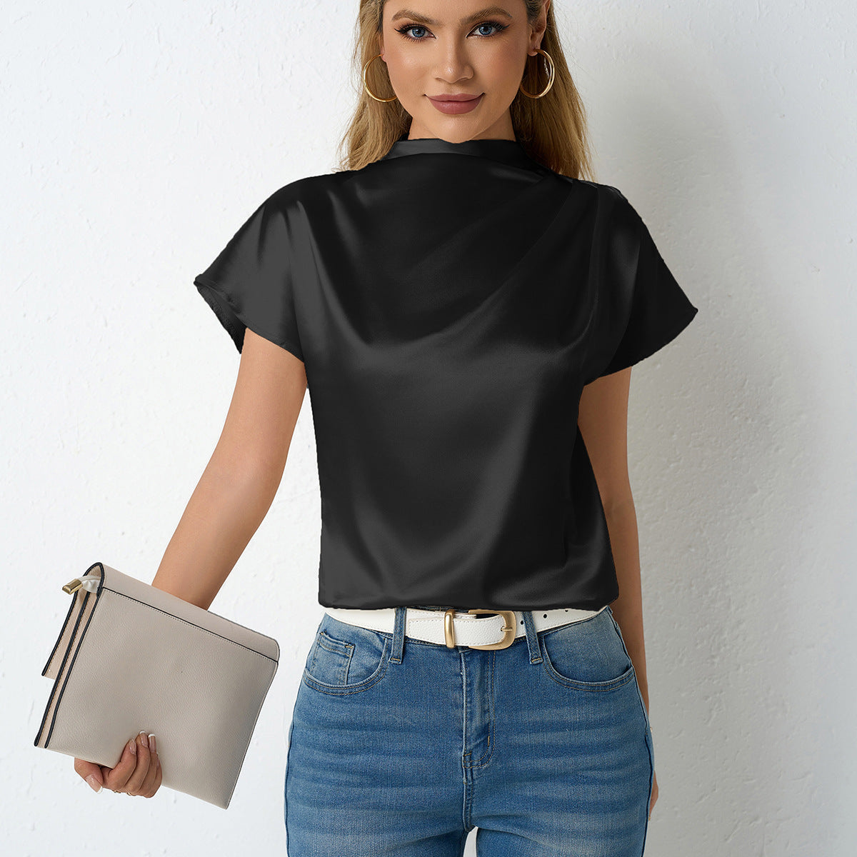 Damen elegante Satin Bluse mit Stehkragen R&B