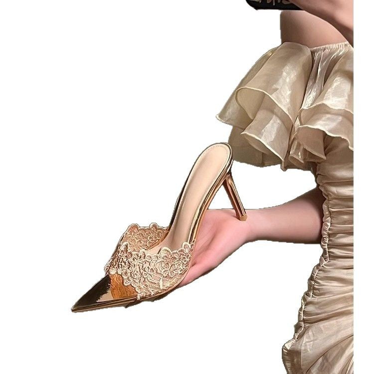 Damen elegante High Heel Mules mit Spitze und Spitzenverzierung R&B